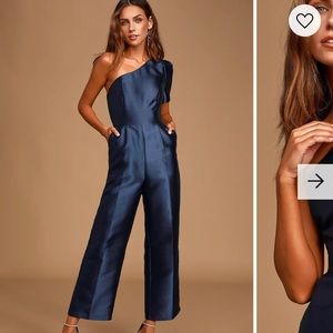 Divine Dream Navy Blue Satin One-Shoulder Culotte Jumpsuit